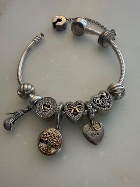 Pandora Silver Heart & Tree Dangle Charm Bracelet with Gold Accents